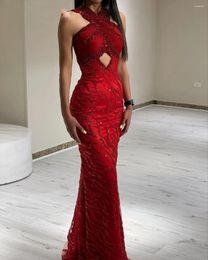Party Dresses Oisslec Sexy Halter Red Mermaid Prom Long Sleeves Evening Beads Sequins Zipper Women Formal
