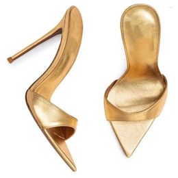 Dress Shoes Big Size 46 Pointy Toe Women Mules Metallic Leather Slip On Hollow Summer Sandals Stiletto Heels Evening Gold