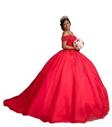 2022 Red Lace Quinceanera Dresses Off The Shoulder Ball Gowns Tulle Applique Beaded Sweet 16 Dress Corset Back4574825