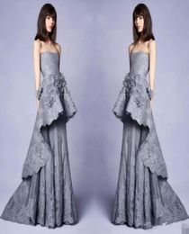 Elegant New 2020 Collection Long Grey Evening Gowns With 3d Floral Embellishments Lace Strapless Neckline Pageant Party Dress Gown1078328