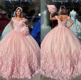 2022 Pink Quinceanera Dresses with with 3D Floral Lace Applique Beaded Tulle Swee Train Straps Pleats Sweet 15 16 Birthday Ball Go1258018