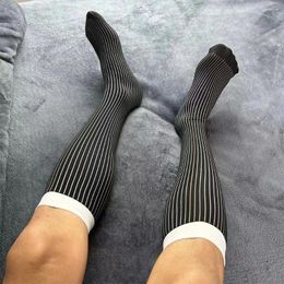 Men's Socks Fashionable Mens Ribbed Dress Casual Striped Business For Men Breathable And Thin Knee High Free Size 1 Pair