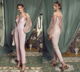 Vintage Pink Jumpsuits Prom Dresses 2019 Sexy Long Sleeve Lace Appliqued Formal Evening Dress Spaghetti Neck Party Gowns3865741