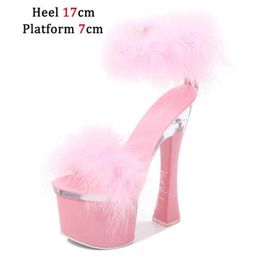 Dress Shoes 2021 New 4 Colour Feather Thick High Heels Platform Sandals Women 14cm 17cm Female Summer Hair Wedding Pumps1WED H240321