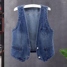 Women's Vests Women Long-sleeved Jacket Vintage Denim Vest With V Neck Double Buttons For Hop Streetwear Waistcoat Firm Fall