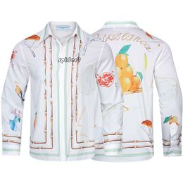 Camiseta casablanca pintura a óleo pintada, camisa de manga comprida de seda solta casual de viagem floral drapeada de alta qualidade, estilo fino