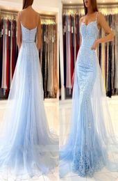 Light Blue Mermaid Prom Dresses Long Sweetheart Appliques Lace Evening Dresses 2023 Detachable Tulle Train Formal Party Gowns Vest4795309