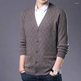 Men's Sweaters Cardigan Pure Wool Autumn And Winter Thickened Casual V-neck Diamond Jacquard Knitted Sweater