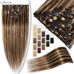 Extensions Snoilite 7Pcs/Set Clip In Hair Extensions Human Hair Natural Extension Hair Clips 15"22" Thin Full Head Clip In Natural Hair