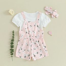 Clothing Sets Toddler Baby Girl Summer Clothes Short Sleeve Ribbed T-shirt Top Floral Suspender Shorts Headband 3Pcs Outfit