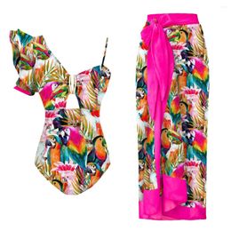 Women's Swimwear 2024 Sexy Metal V-neck Ruffle Print Floral Plus Size Two Piece Strappy One Shoulder Women Bathing Suit