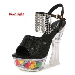 Dress Shoes Woman 14CM Thick Heel Shoe LED Luminous Transparent Platform Diamond Tassels Sandals For Women Light Up Glowing Pole Dance H240321NVVOT5B3