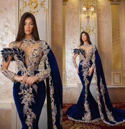 New Year039s Luxury Velvet Royal Blue Mermaid Evening Dresses Beads Long Sleeves High Neck Birthday Party Prom Gowns with Shawl8480015