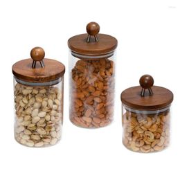 Storage Bottles Food Preservation Box 3pc Acacia And Glass Canister Set Including Seasoning Jar