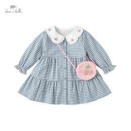 DB1220483 dave bella spring baby girls fashion plaid dress with a small bag party children girl infant lolita 2pcs clothes 240311