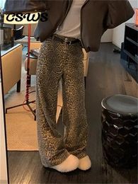 Street Leopard Loose Womens Trousers Fashion High Waist Wide Leg Print Pants 2024 Ladies Vintage Pocket Hip Hop Casual Wears 240309