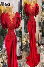 Plus Size Arabic Aso Ebi Red Mermaid Lace Prom Dresses Ruched Puffy Short Sleeves Beaded Sheer Neck Velvet Evening Formal Party Go2297302