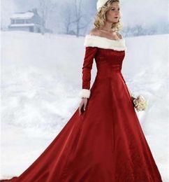 Winter Fur Wedding Dresses Warm Long Sleeve Court Train Offtheshoulder ALine Red Bridal Gowns Vestidos De Noiva 2019 New Se6833133