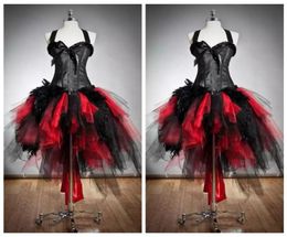 2022 Halter Slim Ball Gown Tulle Gothic Red and Black Corset Prom Dresses Custom Size Fur and Tulle Burlesque Hi Lo Special Party 7228187