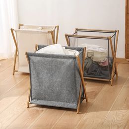 Foldable Dirty Clothes Laundry Basket Cotton Linen Storage Wood Bracket Household Japanese Hamper Organiser 240308
