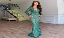 Emerald Green Sequined Mermaid Evening Dresses Long Sleeves Sweep Train V Neck Formal Prom Party Gowns6018115
