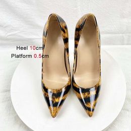 Dress Shoes 2023 New Leopard Pattern Lacquer Leather High Heels Plus Size Sexy Pointed Fine Heel Womens 12CM Fashionable Party Pumps H24032501