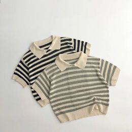 Spring Autumn Children Knitting Hollow Out Polo Shirt Girl Baby Loose Short Sleeve Pullover Tops Boy Kid Casual Striped Tees 240311