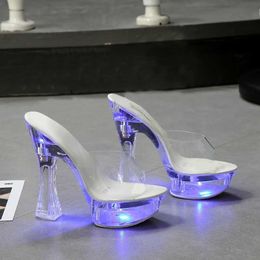 Dress Shoes 6 Colour Square Heel Women Sandals Light Up Glowing Luminous Clear Platform High 15cm TransparentUMEZ H240321