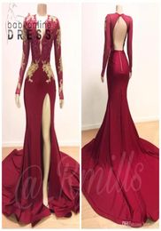 Burgundy Red Long Sleeves Mermaid Prom Dresses Plus Size Gold Lace Appliques High Split African Arabic Girls Formal Evening Party 7837656