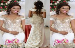 Gold Embroidery Beaded White African Wedding Dresses 2022 Boat Neckline Short Sleeve Mermaid Special Occasion Dress Party Wedding 9136956