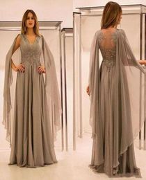 Elegant Long Arabic Evening Dresses Cape Sleeves New 2022 Chiffon Lace Appliques Sexy Illusion Back Prom Party Gowns Women Formal 3400955