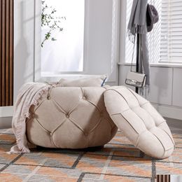 Living Room Furniture Elegant Beige Round Storage Footstool With Button Tufted Design - Perfect For Or Bedroom Large And Stylish Hom Dhql4
