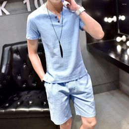 Men's Tracksuits Men Athletic Outfit Casual Sportwear Set With V-neck T-shirt Elastic Drawstring Shorts Solid Color For Homewear