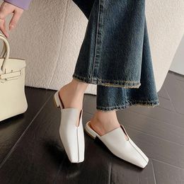 Slippers Summer Women Mules Genuine Leather Shoes For Square Toe Low Heel Concise Sandals Black Modern