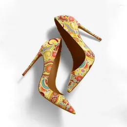 Dress Shoes 12cm Heel Print Yellow Women Glossy Patent Pointy High Chic Floral Stiletto Pumps Large Size 43 44 45