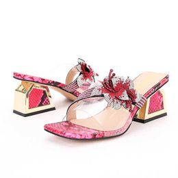 Dress Shoes Womens Transparent High-heeled Slippers Bling Diamond Flower Decoration Party Sandals Snake Print Square Heel For SummerPEYI H240321