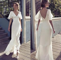 Simple V Neck Boho Wedding Dress Short Sleeves Soft Satin Mermaid Bridal Gowns Floor Length Sexy Open Back Vestidos De Novia Secon8309248