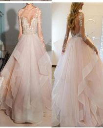 Tiered Skirt Long Sleeve Illusion Prom Dresses Cheap 2022 Sheer Neckline Lace Applique Ruffles See Though Back Party Dress Evening2904809