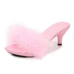 Dress Shoes Solid Colour Feather Fairy Slippers Summer Transparent Sandals Thin High Heels Sexy Fur Crystal 6cm Low Heel Derss Women4VTM H240321