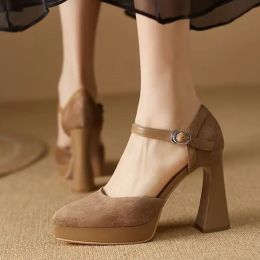 Pumps Pointed Toe Chunky Platform Pumps Women 2023 Spring Faux Suede Very High Heels Shoes Woman Ankle Thick Heeled Party Shoes