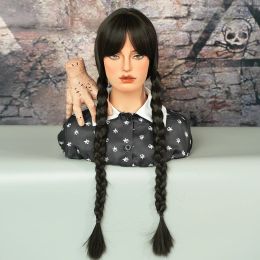 Wigs 7JHH WIGS Long Black Braids Wig with Bangs Braid Cosplay Wig Halloween Costume Party Wigs Synthetic Hair Wig for Girls