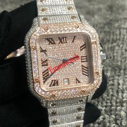 Rose Gold Mixed Silver Cubic Zirconia Diamonds Watch Roman numerals Luxury MISSFOX Square Mechanical Men Full Iced Out Watches Cub222v