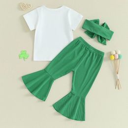 Clothing Sets Baby Girl St Patricks Day Outfit Short Sleeve Letter T-Shirt Top Shamrock Bell Bottom Flare Pants Set Summer Clothes