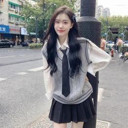 Work Dresses Knitted Vest Women Fashion Autumn Shirt Pleated Skirt Suit College Layering Grey Fried Dough Twists Sweater Black Shirts Tie