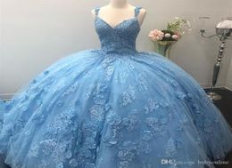 Light Sky Blue Quinceanera Dresses Amazing 3D Lace Appliques Hand Made Flowers with Beads Ball Gown Sweet 15 Vestidos Evening Gown1783554