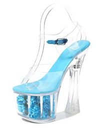 Dress Shoes Wedding Women Model Thick Heels Super High heels 17cm Roses Waterproof Fishmouth Sandals Transparent Crystal H240321V8GRNE5W