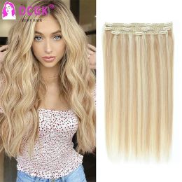 Extensions Clip In Hair Extensions Human Hair Straight Highlight Medium Brown Platinum Blonde 3 Pieces Remy European Hairpiece 1428Inch