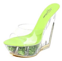 Dress Shoes Sexy Women Slipper 2019 Summer Transparent Crystal Wedding High-heeled 14cm wild Flower WaterproofJ52I H240321