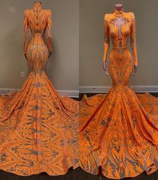 Long Sleeve High Neck arabic Prom Dresses 2022 Sexy Mermaid Style Orange Sequin applique African Blacl Girls evening Gala Gowns2591781