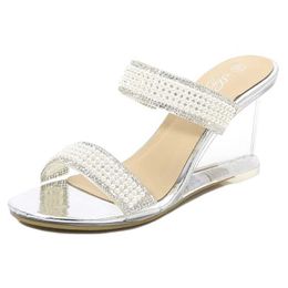Dress Shoes HOT Crystal Women Slippers Pearl 2020 Summer Open Toe Fashion Wild Transparent High Heel 8CM Wedges Clear LadiesAKH2 H240321